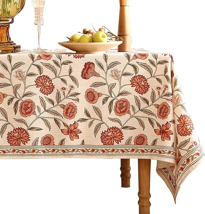 ISAENNE Designer French Small Rectangle Tablecloth,Linen Orange Floral Pattern Indoor Table Cloth,Wrinkle Resistant Decor Table Cloth for Dining Thanksgiving Kitchen Party,55"*71"-Alvarado D