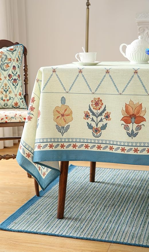 ISAENNE Designer Linen Floral Long Rectangle Tablecloth,Light Green Farmhouse Durable Table Cloth,Washable Decor Tablecloths for Dining Kitchen Thanksgiving Christmas,63"*94"-Floralsea B