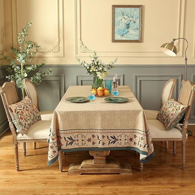 patdrea Designer French Linen Tablecloth for Rectangle Table,Beige Anti-Wrinkle Durable Floral Farmhouse Table Cloth,Decor Covers for Kitchen Dining,Tea Party,Christmas,Thanksgiving,63"x87"-Fram