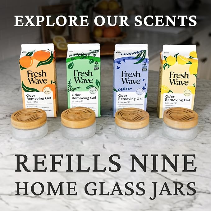 Fresh Wave Odor Removing Gel Eco-Refill, 63 oz. Original Scent | 4 Empty Refillable Glass Jars | 4 Room Set