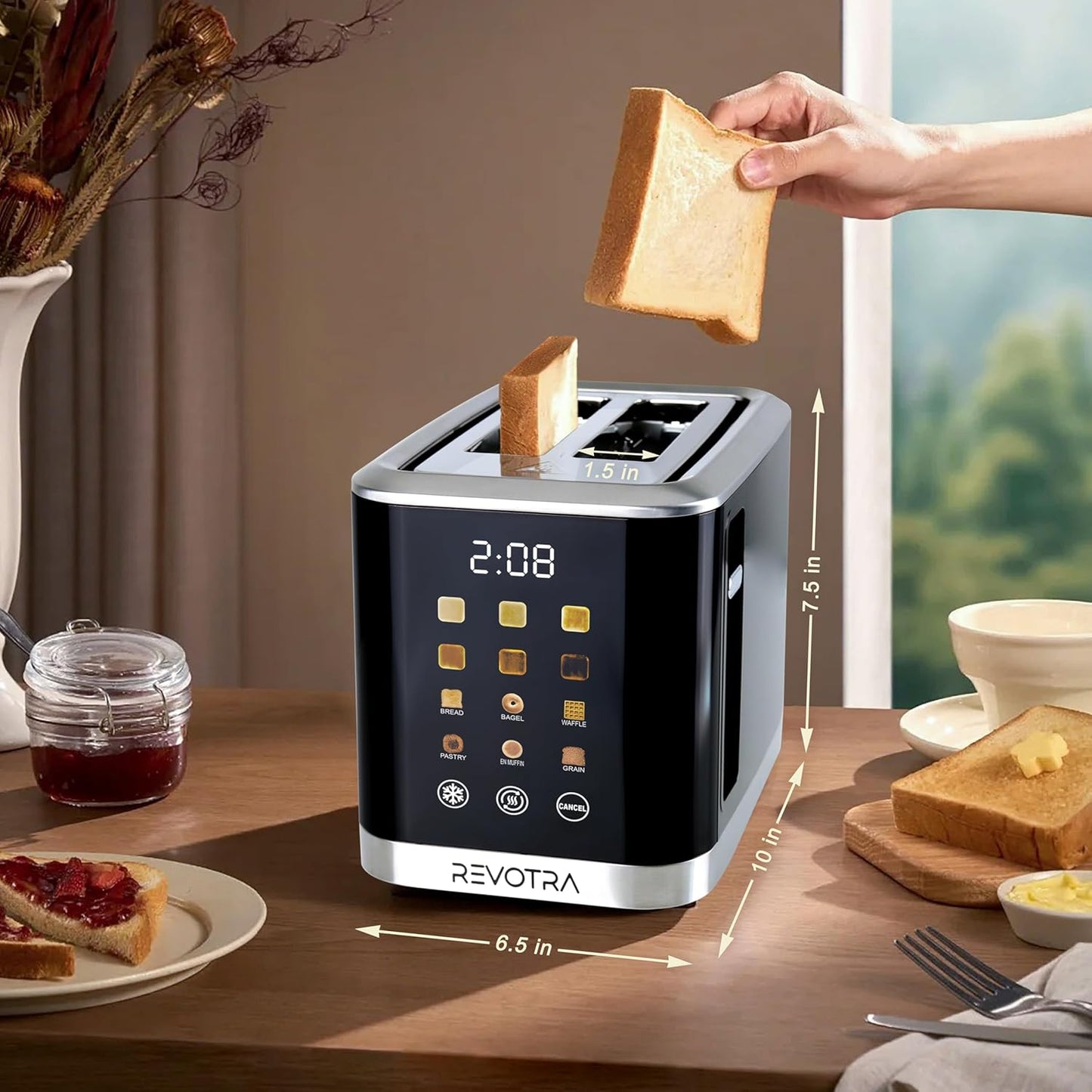 2 Slice Toaster Stainless Steel with LED Display, Extra Wide Slots, 6 Shade Settings, Defrost/Reheat/Cancel, Removable Crumb Tray – Compact Toaster for Bagels & Waffles