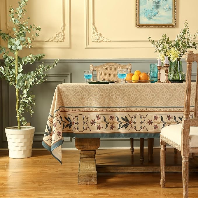 patdrea Designer French Linen Long Tablecloth for Rectangle Table,Beige Anti-Wrinkle Floral Farmhouse Table Cloth,Decor Covers for Kitchen Dining,Tea Party,Christmas,Thanksgiving,63"x102"-Fram