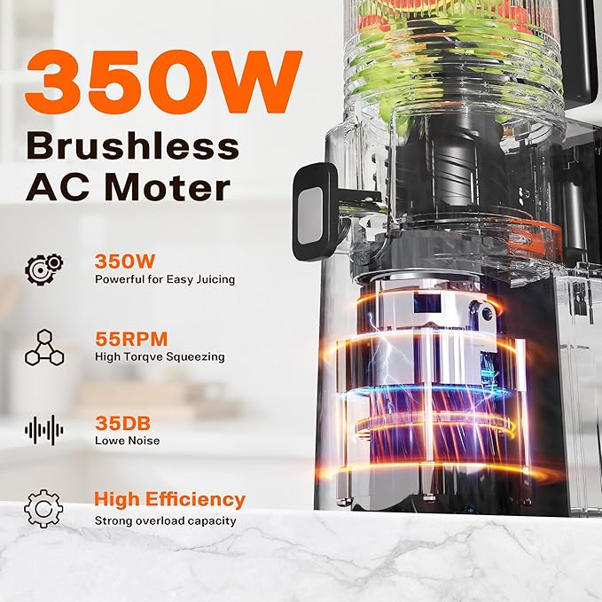 Cold Press Juicer, 5.5inch Wide Feed Chute Juicer Machine, Slow Masticating Juicer for Whole Vegetables & Fruits, Gray