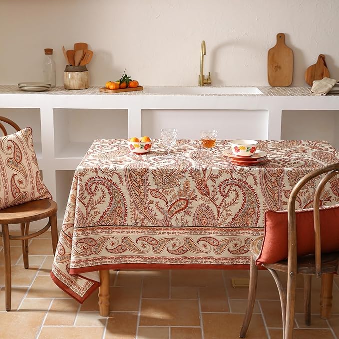 ISAENNE Designer French Red Extra Long Tablecloth Rectangle,Linen Table Cloth with Cashew Pattern,Stain Proof Decor Tablecloths for Dining Thanksgiving Kitchen Christmas,67"*118"-Chauffrey D