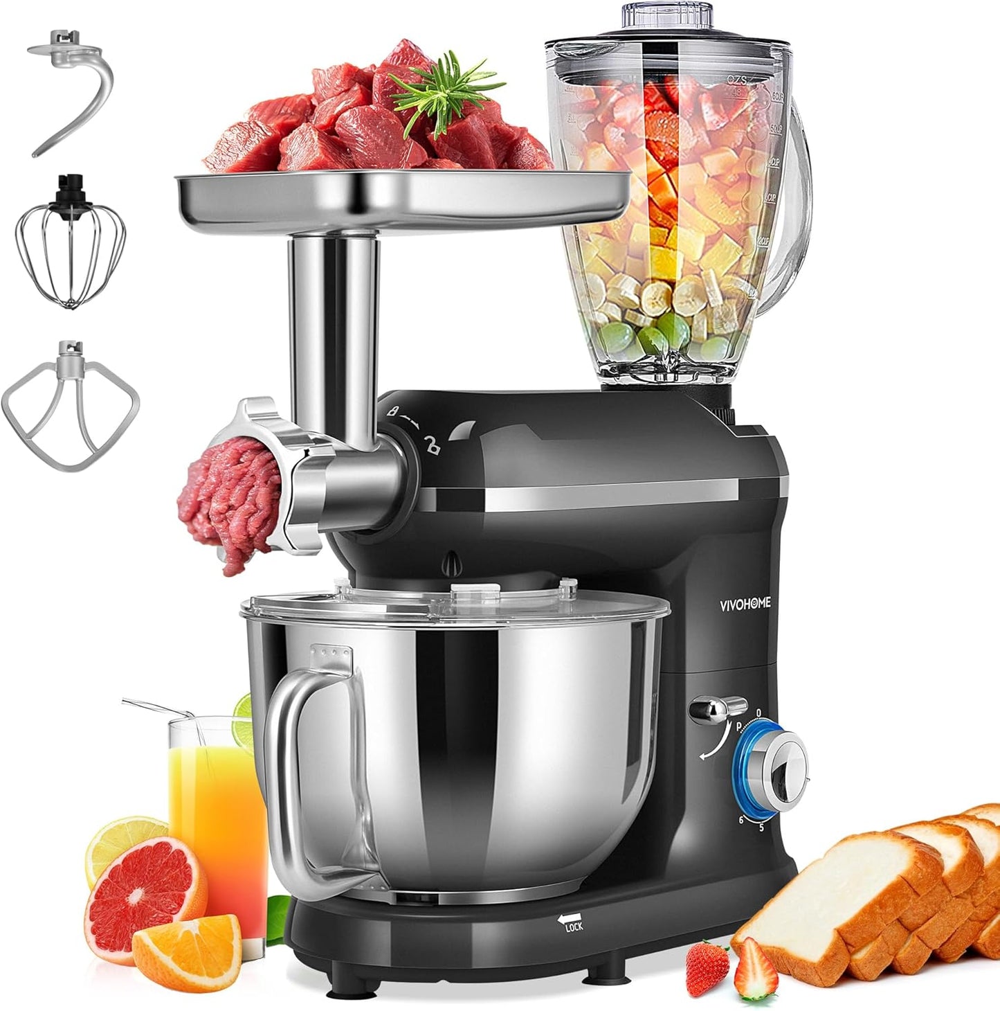 VIVOHOME 3 in 1 Multifunctional Stand Mixer with 6 Quart Stainless Steel Bowl, 650W 6 Speed Tilt-Head Meat Grinder, Juice Blender, Black