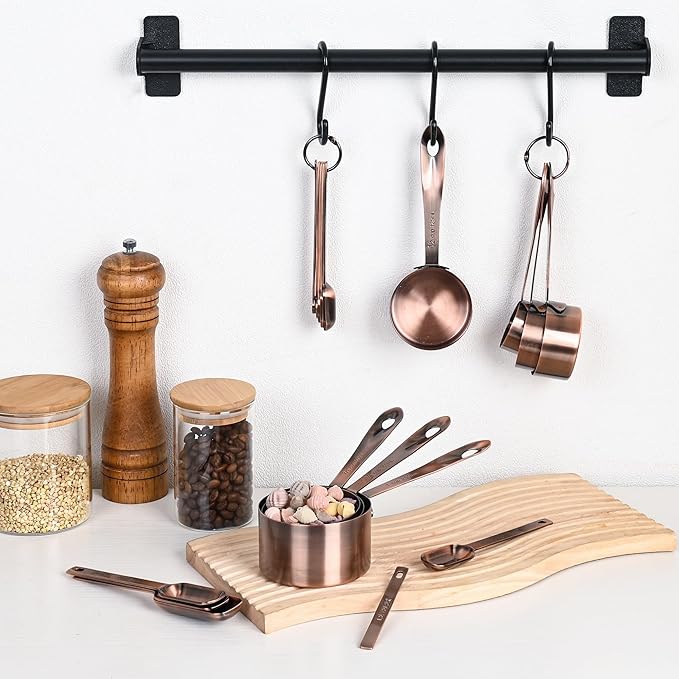 Copper Measuring Cups and Spoons Set of 18, 7 Measuring Cups, 9 Measuring Spoons, Stainless Steel Measuring Spoons and Cups for Dry & Wet Ingredients During Kitchen & Baking