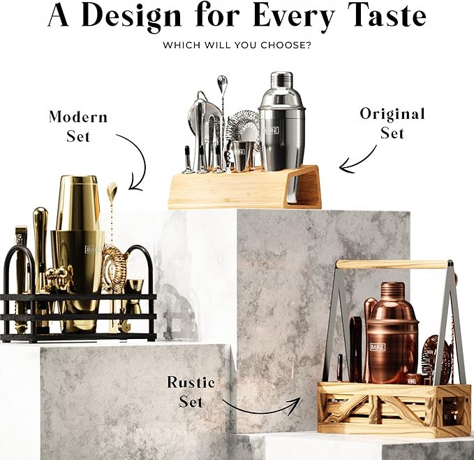 BARE BARREL® Mixology Bartender Kit Bar Set | 14-Piece Cocktail Shaker Set | Martini Barware Mixing Tools for Home Bartending | 35 Recipe Cards | Gift Set (28oz Boston Shaker, Brass/Black)