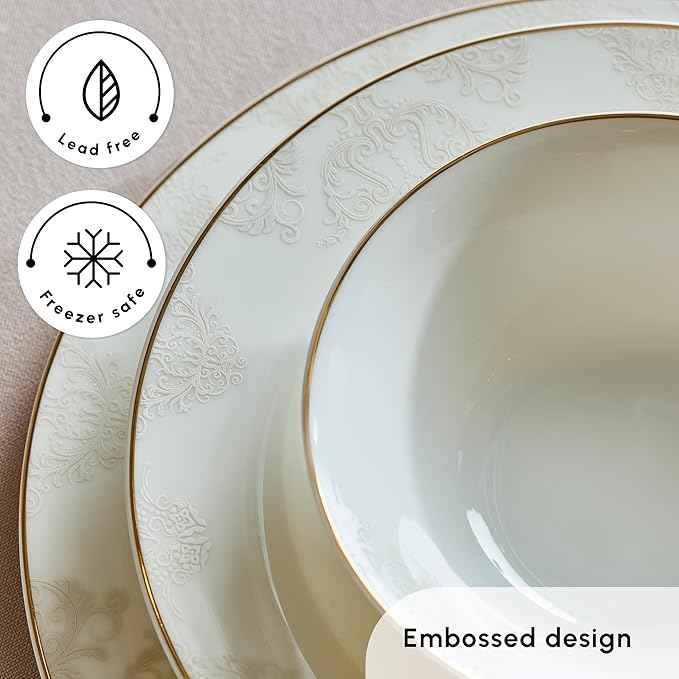 Karaca Siena 53-Piece Porcelain Plates and Bowls Set with Dinner & Dessert Plates, Shakers - Bone China Dishware Sets - Kitchen Dinnerware Set for 12 People