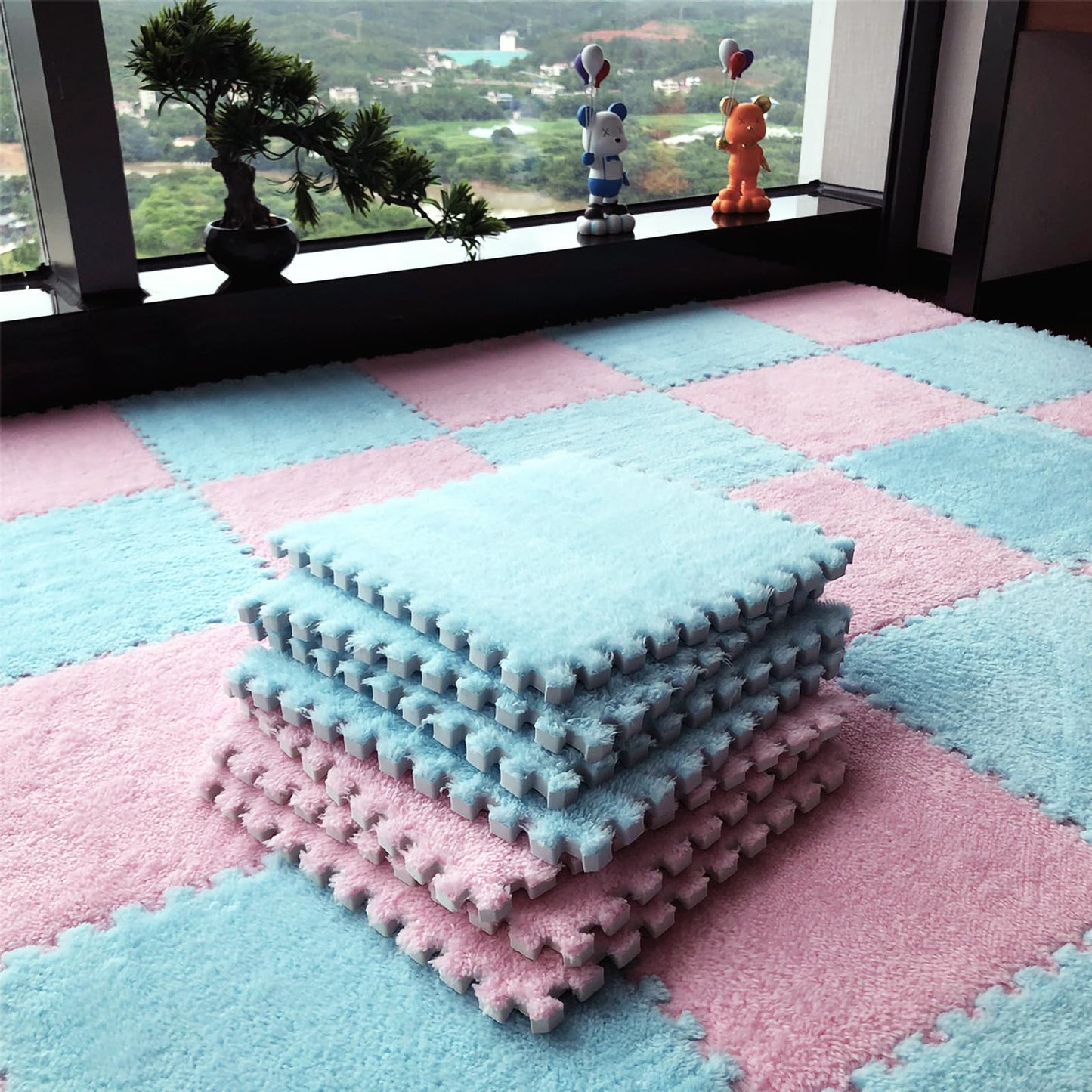 easycustomerlee 12pcs Interlocking Carpet Shaggy Soft EVA Foam Mats Fluffy Rugs Protective Floor Tiles Play Mats for Children Kids Room Home Parlor Bedroom(Lightblue)