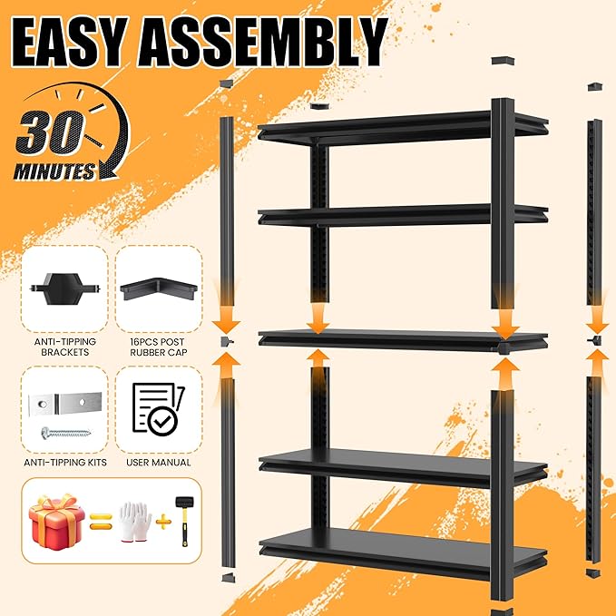 78" H Garage Shelving, Heavy Duty Storage Shelves, Garage Storage Shelves, Adjustable 5 Tier Metal Shelving Unit, Utility Shelves for Warehouse Backyard, 78" H×47.5" W×18" D
