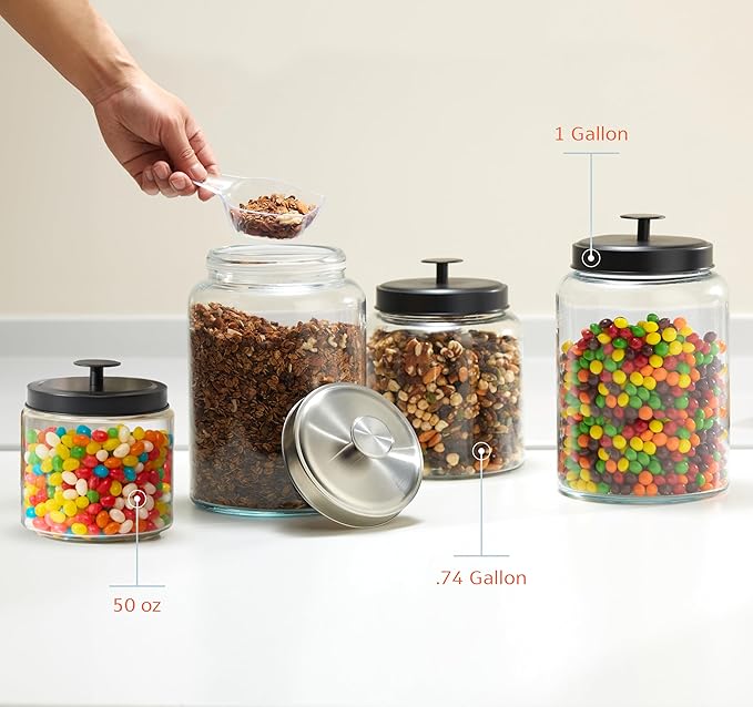 KooK Glass Storage Containers with Lids, Glass Jar with Lid, 1 Gallon, Set of 2, Glass Canister, Storage, Laundry, Kitchen Jar, (Circular, Black)