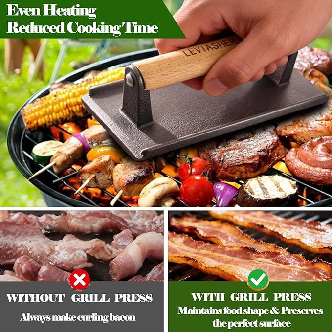 2.2 lb Heavy Duty Cast Iron Grill Press, 7.8X3.9 inch Rectangle Bottom Granular Burger Press with Wood Handle for Blackstone, Chef, Camp, Panini, Vegetable, Bacon, Sandwich, BBQ, 2 Pack