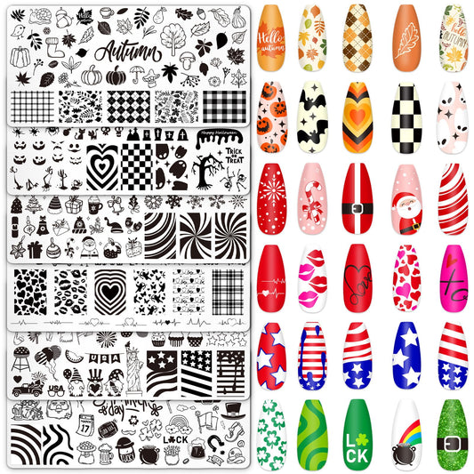 Whaline 6Pcs All Holiday Nail Art Plates Valentines StampTemplates Set Winter Christmas Fall Nail Plates Stamping for Xmas DIY Print Manicure Salon Design Gift