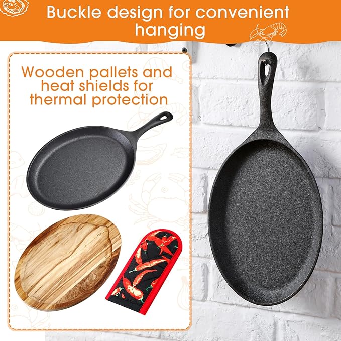 Lallisa 8 Sets Cast Iron Fajita Plate Set Fajita Plate Pan with Wooden Tray Anti Scald Protection Hot Mitt Cast Iron Skillet Set for Home Barbecue Kitchen Party Restaurant Catering Service