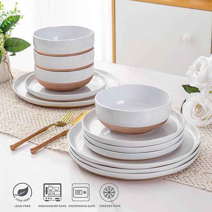 AmorArc Ceramic Dinnerware Sets with Pasta Bowls for 8, Handpainted Plates and Bowls Set with Rustic Terracotta Underside, Scratch Resistant Dishes Set, Dishwasher & Microwave Safe, 32 Pcs