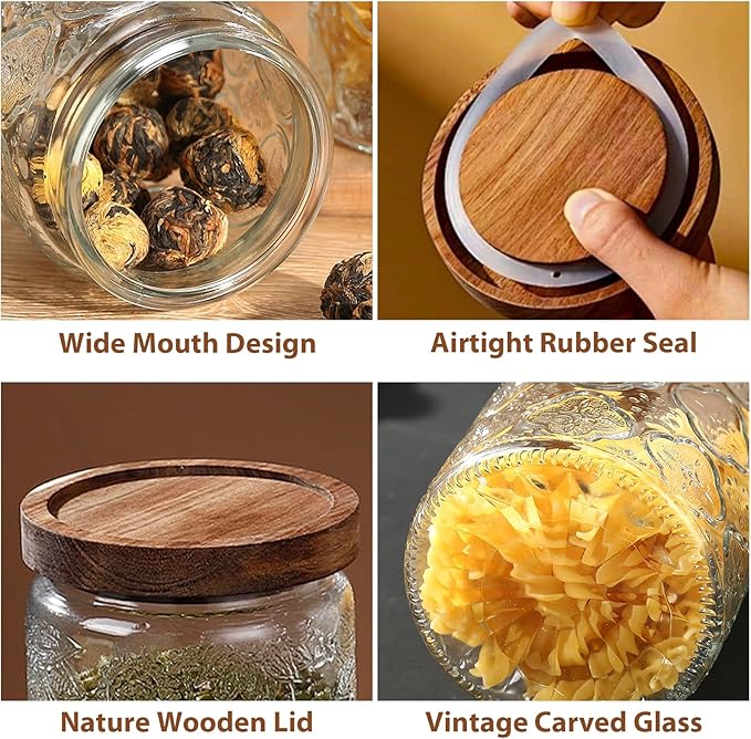 2-Pack 24 OZ Vintage Glass Jar with Lid, Airtight Food Storage Canisters with Bamboo for Kitchen Counter Pantry, Ideal for Coffee, Candy, Tea, Oats, Sugar, Cookies Decorative Jars