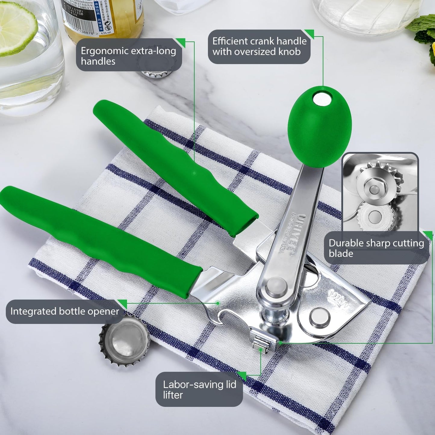 Commercial Can Opener, UHIYEE Hand Crank Can Opener Manual Heavy Duty with Comfortable Extra-long Handles, Oversized Knob, Large Handheld Can Open Easy for Big Cans, Green