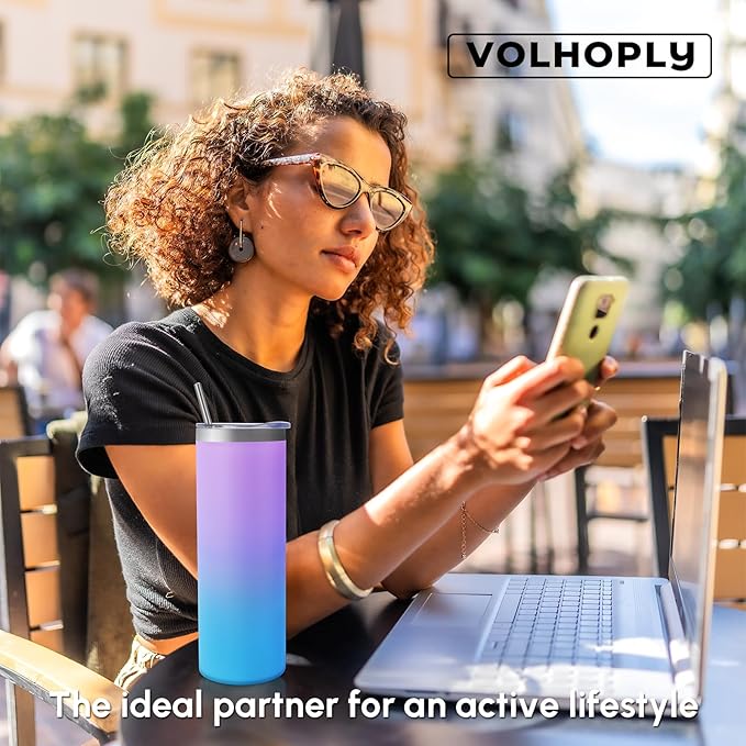 Volhoply 4 Pack Skinny Tumblers with Lid and Straw, 20oz Stainless Steel Straight Tumbler Bulk, Vacuum Insulated Coffee Mug for Home, Office, Travel, DIY (Lavender,4 Pack)
