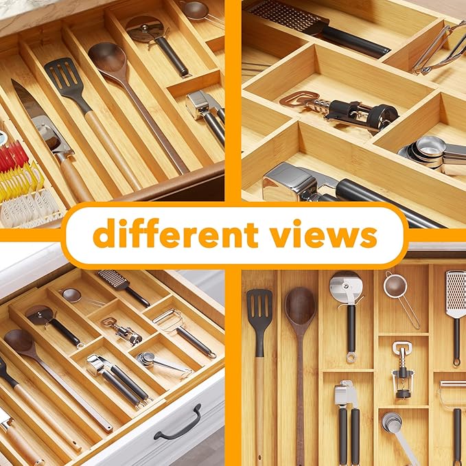 SpaceAid Bamboo Utensil Drawer Organizer with Labels, Kitchen Silverware Expandable Tray Holder Organizer for Flatware, Cutlery, Spoon and Knives Drawer Storage Organization (Natural)