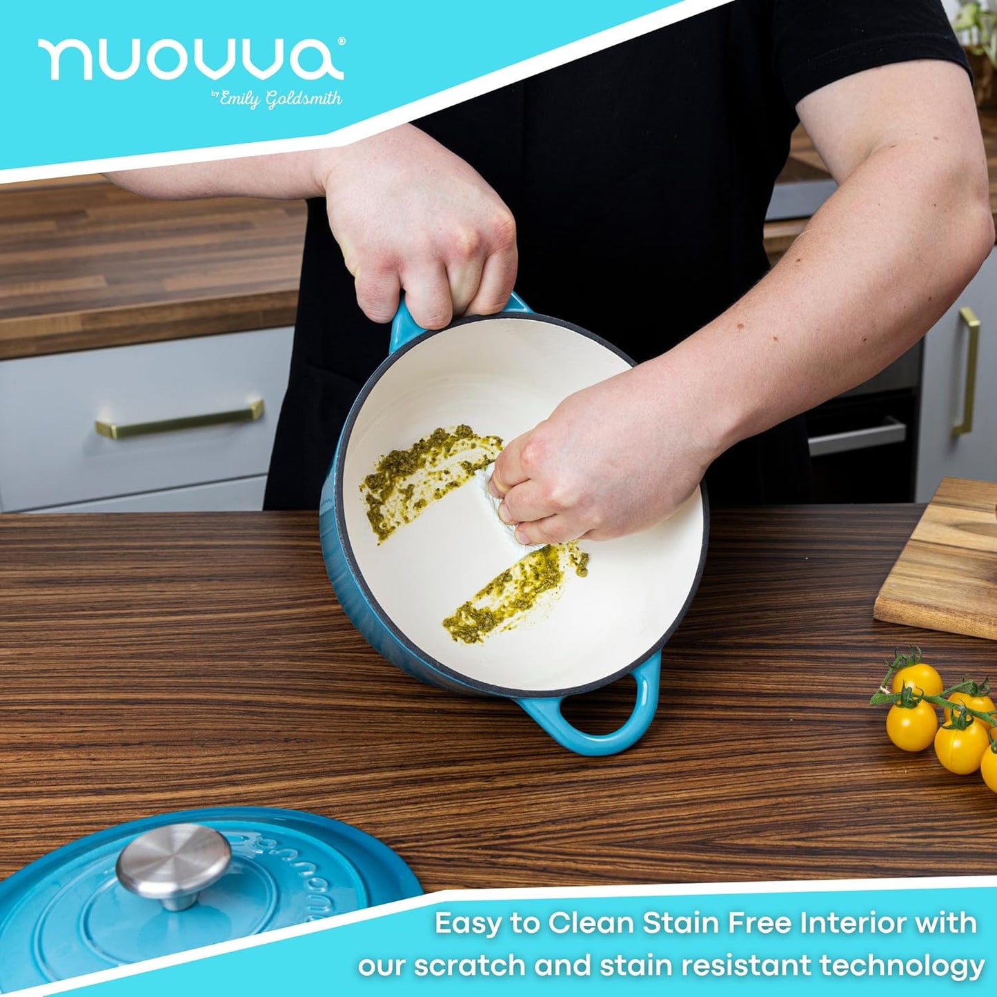 Cast Iron Pot with Lid – Non-Stick Ovenproof Enamelled Casserole Pot, Oven Safe up to 500° F – Sturdy Dutch Oven Cookware – Blue, 5-Quart, 24cm – by Nuovva