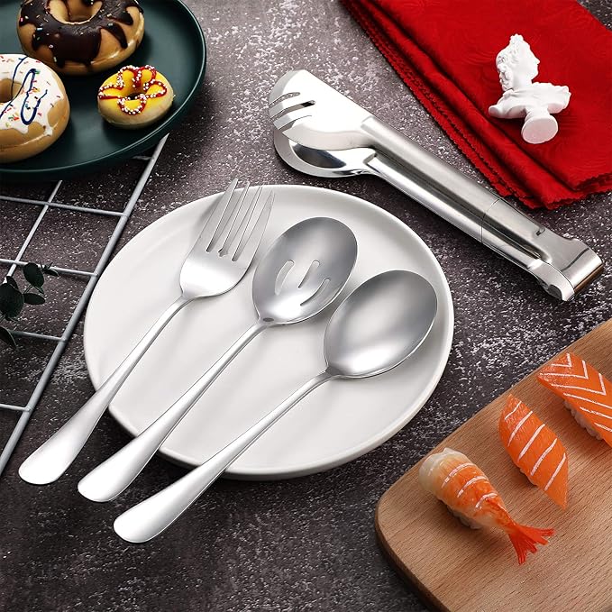 Patelai 4 Pieces Christmas Stainless Steel Silver Serving Utensils Set 8.7" Large Spoons and Slotted Spoon 9.45" Tong 9" Forks Flatware Wedding Party Buffet Banquet Cooking Kitchen Catering