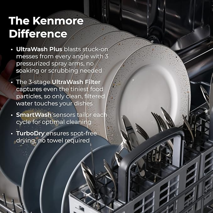 Kenmore 22-14689 Elite 24" Built-In Dishwasher - UltraWash Plus, TurboDry, QuietWash, SmartWash, TurboFlex Third Rack & Reach-Thru Handle - 15 Place Settings-42 DBA - ENERGY STAR Certified - 24"-Black