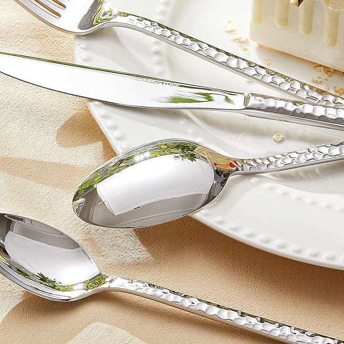 KINGSTONE 20 Piece Hammered Silverware Set, 18/10 Stainless Steel Flatware Set for 4, Cutlery Set for Home, Party, Wedding, Mirror Polished Dishwasher Safe