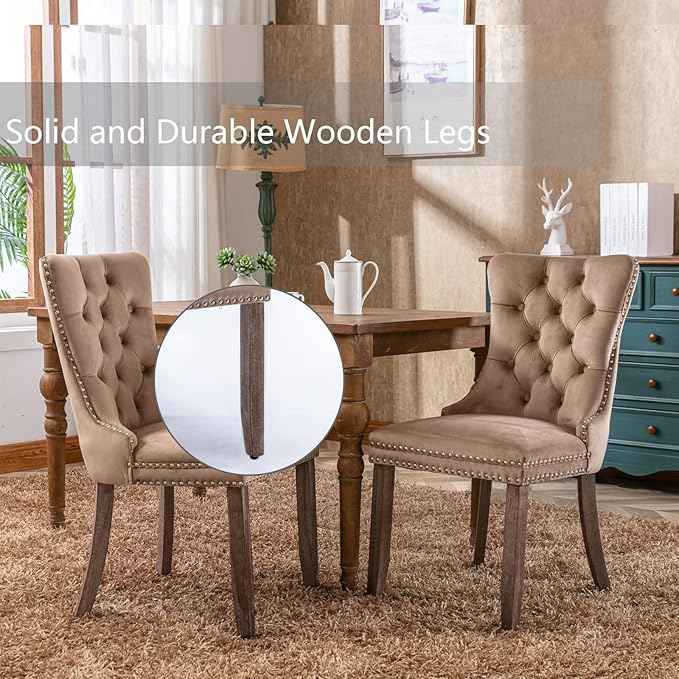 Upholstered Dining Chairs Set of 6, Velvet Dining Room Chairs with Back Ring Pull Trim and Solid Wood Legs, Tufted Wingback Kitchen Chair Perfect for Dining Room,Living Room,Kitchen(Khaki)