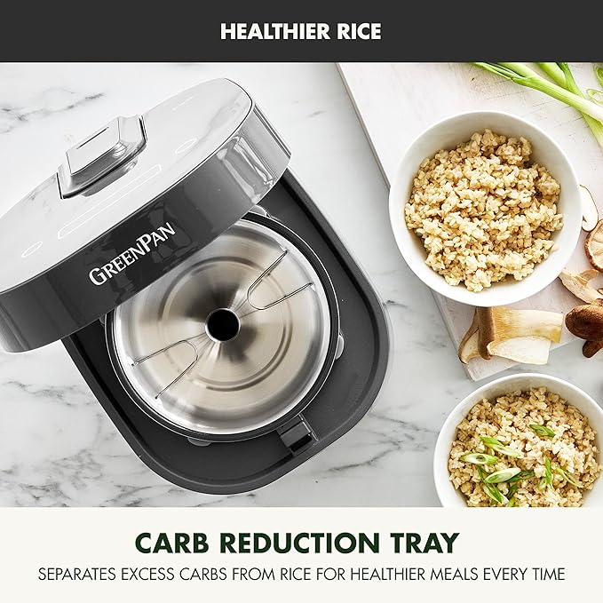 GreenPan Rice Cooker, 8 Cups Cooked (4 Uncooked), Low-Carb & Soup Mode,10 ONE-TOUCH Cooking Presets, PFAS-Free Ceramic Steamer Basket, Fuzzy Logic, Auto Keep Warm, Oats, 24HR Delay Timer, Graphite
