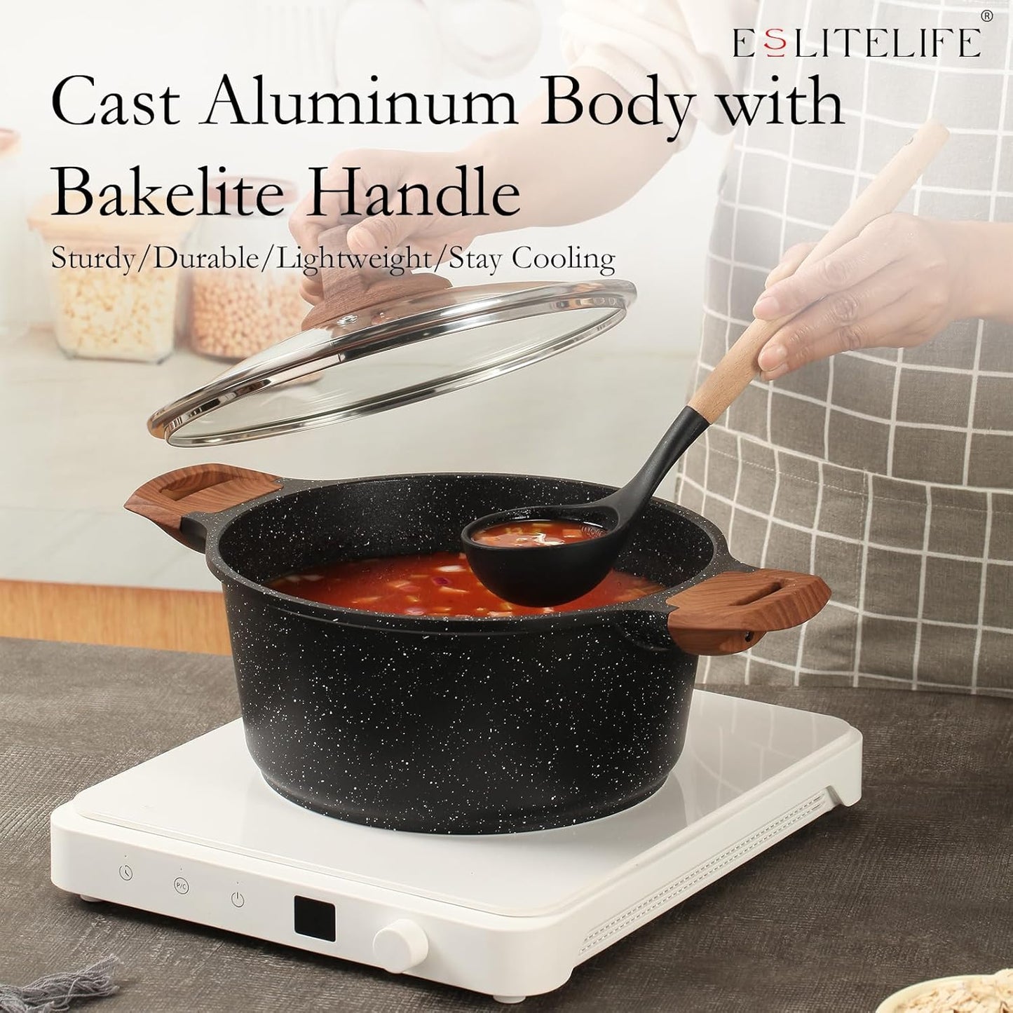 ESLITE LIFE Nonstick Cookware Sets, 12 Pcs Granite Coating Pots and Pans Set Kitchen Cooking Set, Compatible with All Stovetops (Gas, Electric & Induction), PFOA Free, Black