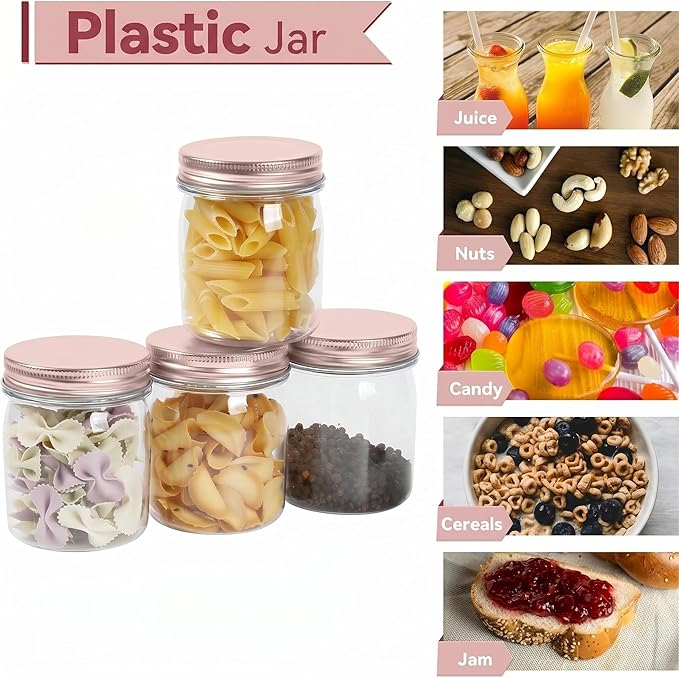 novelinks 8 oz Clear Plastic Jars with Airtight Lids, 16 Pack Plastic Mason Jars with Lids 8oz, Refillable Storage Slime Containers & Small Spice Jar for Kitchen Organization (16 Pack,Rose Gold)