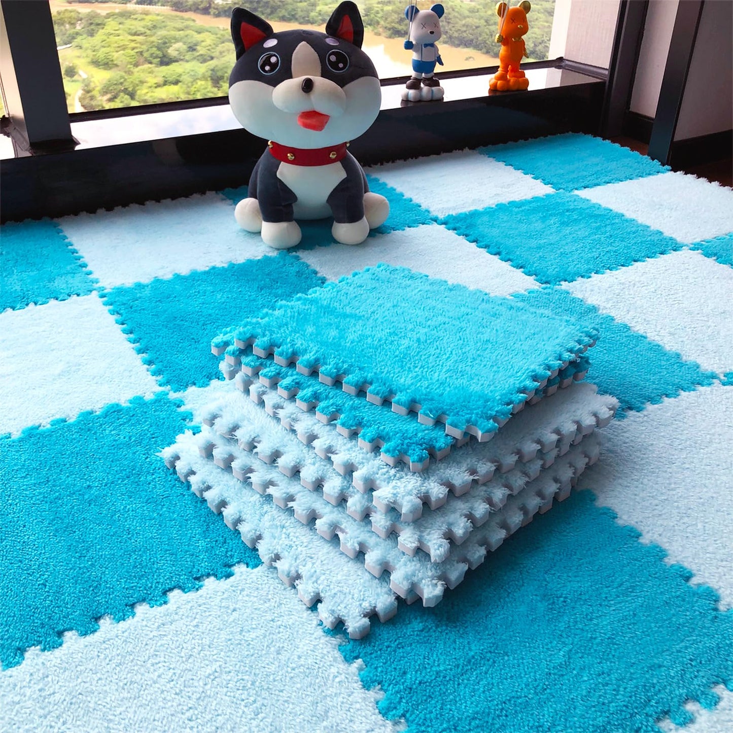 easycustomerlee 12pcs Interlocking Carpet Shaggy Soft EVA Foam Mats Fluffy Rugs Protective Floor Tiles Play Mats for Children Kids Room Home Parlor Bedroom(Blue)