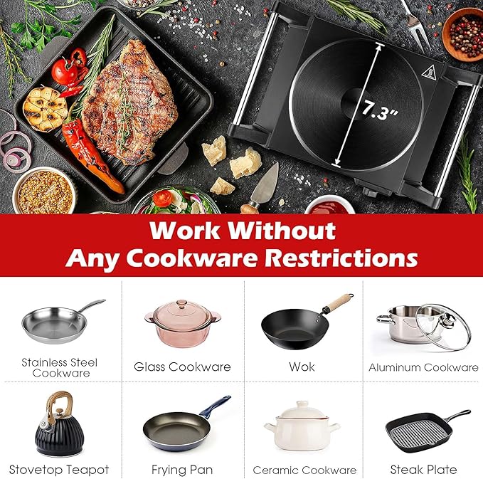 Hot Plate, Techwood Electric Stove for Cooking, 1500W Countertop Single Burner with Adjustable Temperature and Handles, 7.3” Cooktop for RV/Home/Camp, Compatible for All Cookwares Black