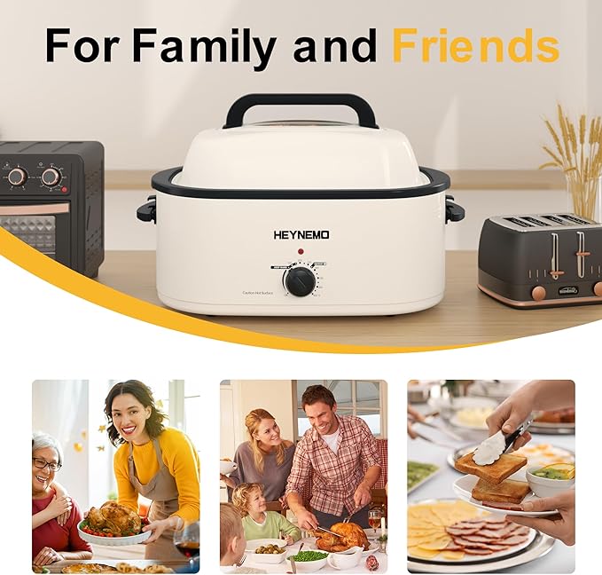 24QT Electric Roaster Oven, Electric Turkey Roaster with Viewing & Self-basting Lid, Stainless Steel Turkey Roaster Oven, White