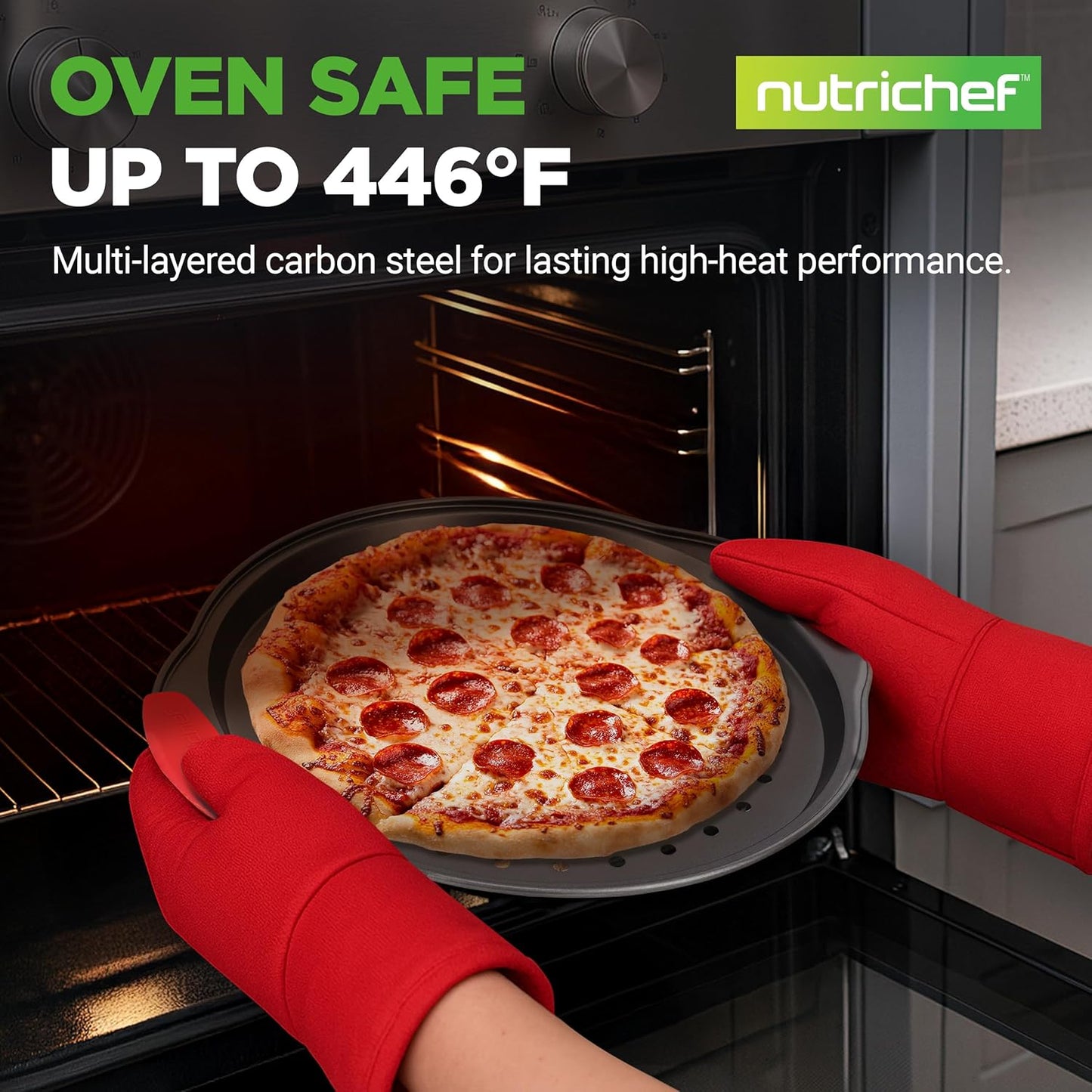 NutriChef 2-Piece 13-Inch Nonstick Pizza Tray, Round Carbon Steel Non-Stick Pizza Baking Pan with Perforated Holes, Premium Bakeware Pizza Screen with Silicone Grip Handles, Dishwasher Safe, NCBPIZX2