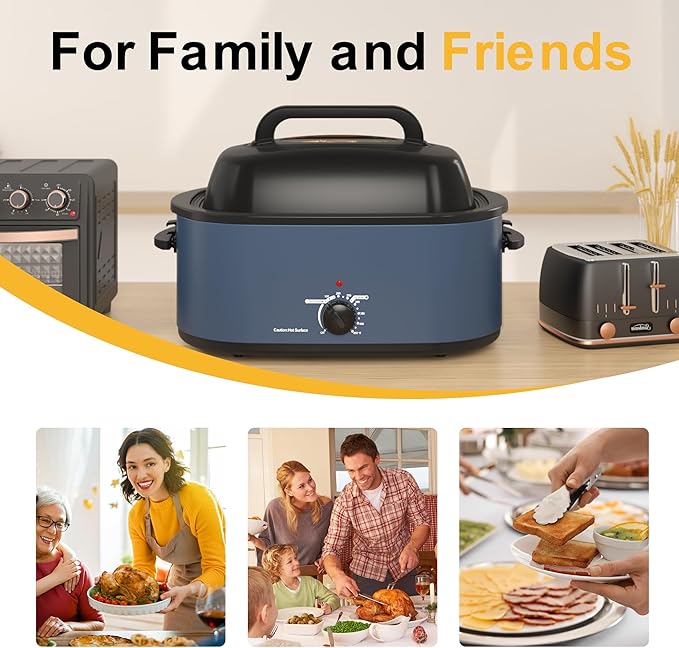 26QT Electric Roaster Oven, Electric Turkey Roaster with Viewing & Self-basting Lid, Stainless Steel Turkey Roaster Oven, Blue