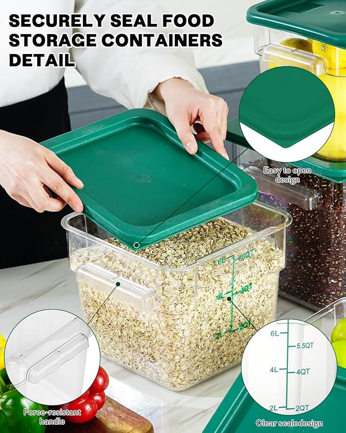 2QT NSF Food Storage Containers: 2 PCS [Food Grade][Hot&Cold Resistant] Commercial Clear Square Food Storage Containers with Scales Handles for Home Restaurant Kitchen Proof Dough(BPA FREE-GREEN)