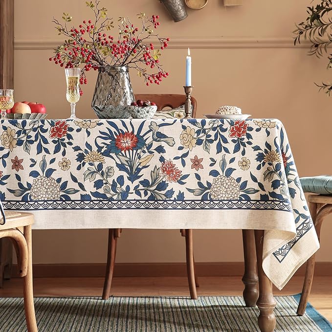 patdrea Designer Blue Tablecloth for Square Table,Vintage Linen with Leaves and Floral Pattern Tablecloths,Farmhouse Floral Decor Cover for Kitchen Dining Christmas,Thanksgiving,67"x67"-Ivar a