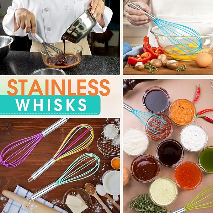 Domensi 8 Pcs 10 Inch Whisks Bulk for Cooking Silicone Whisks Non Scratch Stainless Steel Hand Coated Metal Heat Resistant Egg Beaters for Classroom Cook Party Favor Gift Supplies