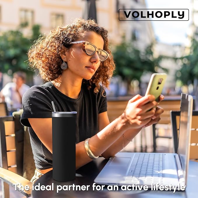 Volhoply 20 oz Skinny Tumbler with Lid and Straw, Stainless Steel Straight Tumblers Cup, Vacuum Insulated Coffee Mug for Home, Office, Travel, DIY (Black,1 Pack)