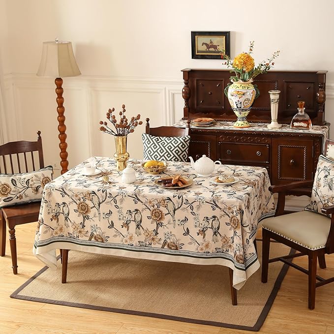 ISAENNE Designer Vintage Linen Small Square Table Cloth,Floral and Bird Pattern Tablecloths,Fall Wrinkle Resistant Home Decor Tablecloth for Dining Kitchen Party Christmas,55"*55"-Murad A