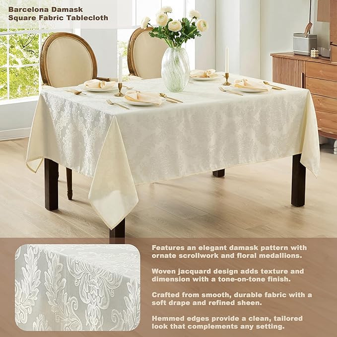 Newbridge Barcelona Luxury Damask Fabric Tablecloth, 70” x 70”, Square, Antique White, 100% Polyester, No Iron, Soil Resistant Dining Room, Party and Banquet Table Cover