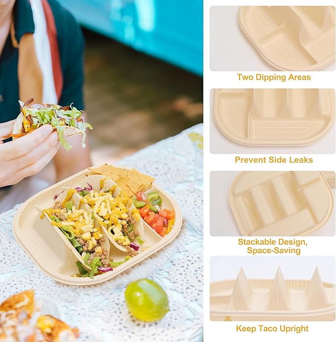Small Disposable Taco Plates With Dipping Sides - 100 Pack, Biodegradable Cornstarch Taco Holder, Mini Size Fit 4-6 Inch Street Tortilla Shells, Sturdy & Microwave Safe, Bar Serving Set For A Party