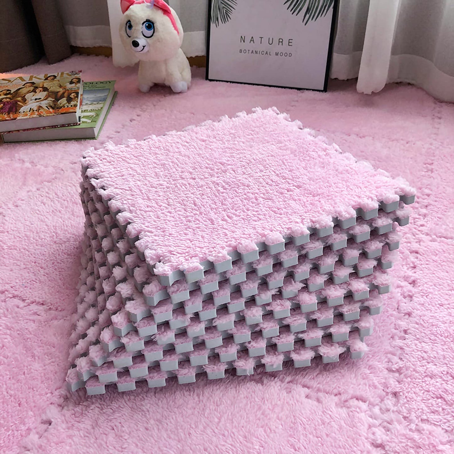 easycustomerlee 12pcs Interlocking Carpet Shaggy Soft EVA Foam Mats Fluffy Rugs Protective Floor Tiles Play Mats for Children Kids Room Home Parlor Bedroom(Pink)