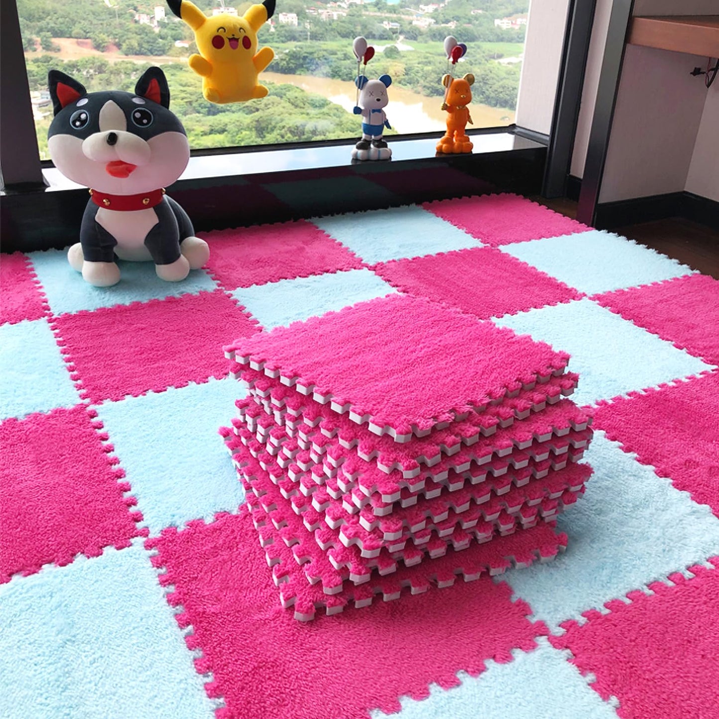 easycustomerlee 12pcs Interlocking Carpet Shaggy Soft EVA Foam Mats Fluffy Rugs Protective Floor Tiles Play Mats for Children Kids Room Home Parlor Bedroom(Rose)