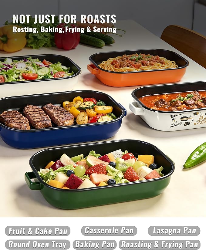 Roasting Pan for Oven with Rack 6-Piece Enamel Deep Lasagna Baking Dish 14&17 Inch, 572°F High Temp Resistance Dishwasher Safe Non-Stick Easy-To-Clean, Large Turkey Ham Roaster Mothers Day Gift