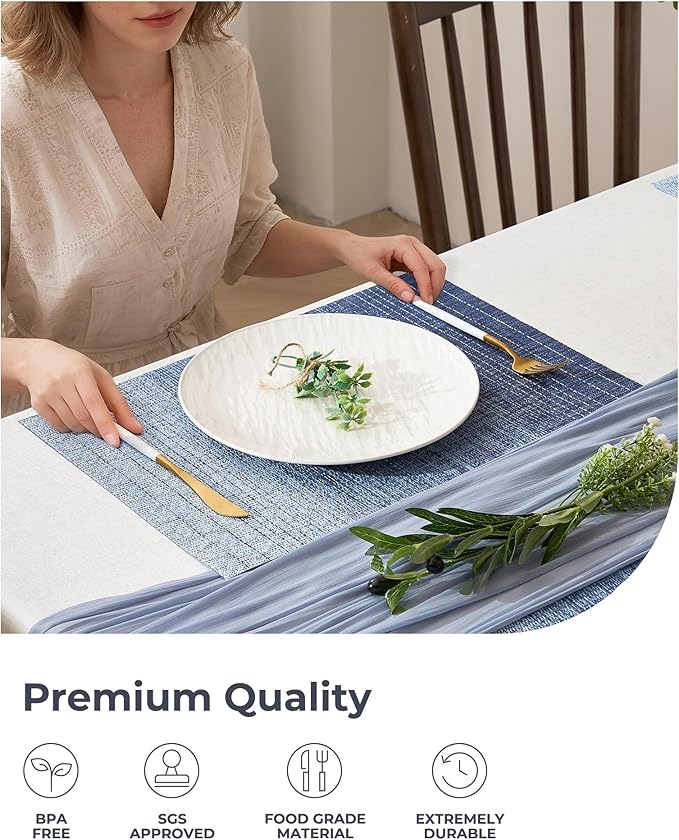 Leetaltree Gradient Blue Woven Placemats Set of 12 - Heat Resistant Non-Slip Place mats for Dining Table, Washable Durable PVC Vinyl Woven Table Mats(Gradient Blue, 12)