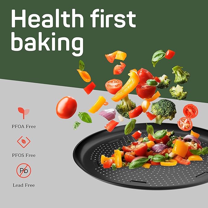 Emporio Kitchen Pizza Baking Pan - 15.75-Inch Round Perforated Carbon Steel Tray with Non-Stick Coating, Dishwasher Safe, Oven Safe (Up To 450° F), Airflow Design, PFOA, PFOS, PTFE Free, Gray