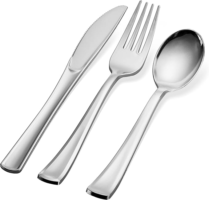 400 Plastic Silverware Set - Silver Cutlery Set - Disposable Flatware Set - 200 Forks - 100 Spoons - 100 Knives - Heavy Duty - Party Bulk