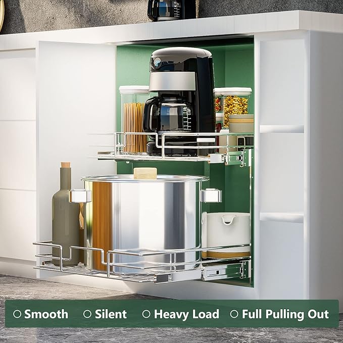 LOVMOR 2 Tier Individual Pull Out Cabinet Organizer 10½" W x 21½" D, Slide Out Kitchen Cabinet Storage Sliding Shelves
